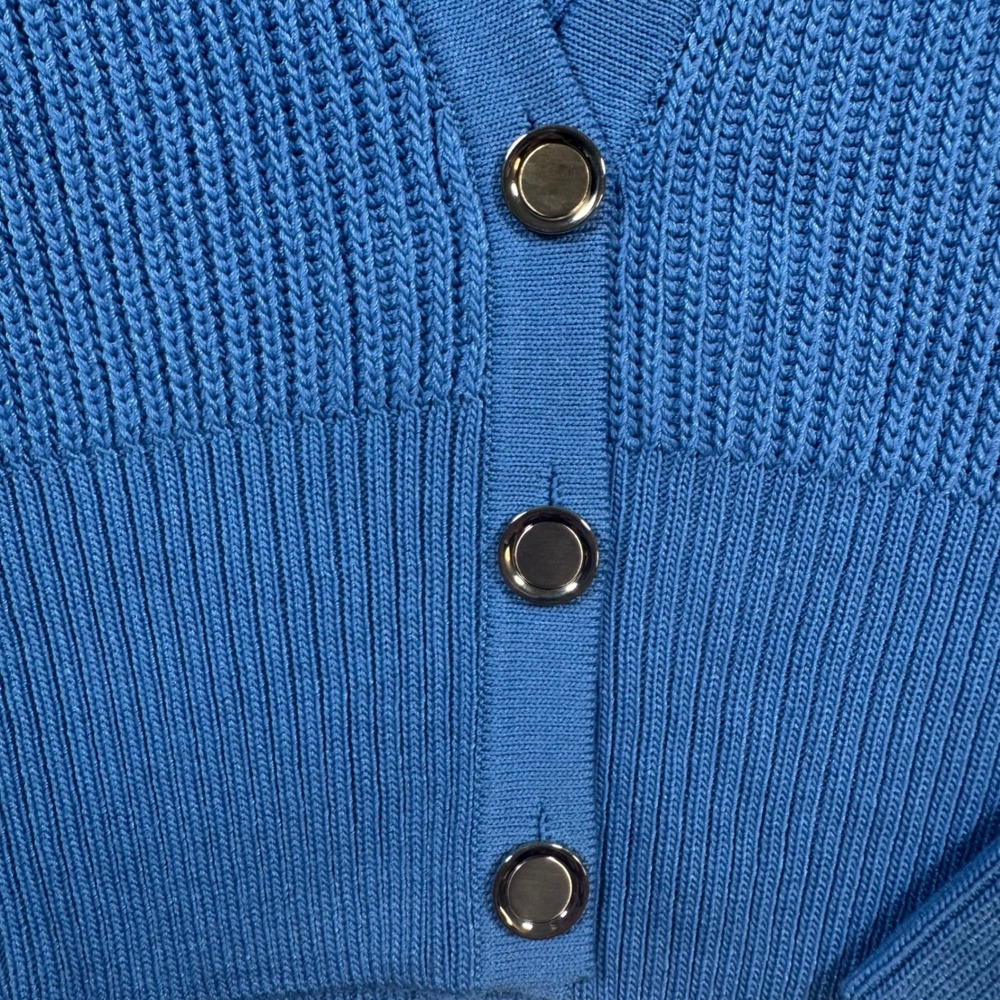 St. John Cardigan Women Large Blue Wool Blend V-Neck Ribbed Button Front Sweater - Picture 6 of 9